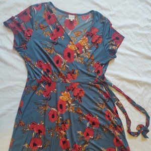 Kaileigh Teal and Red Floral Faux Wrap Dress